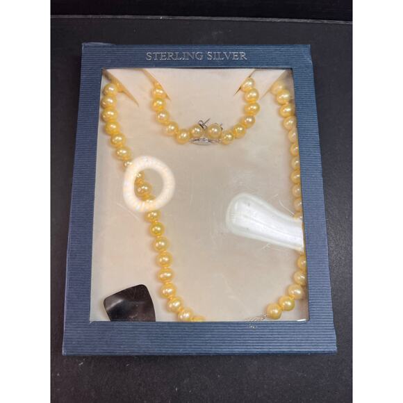 New Freshwater Pearl Necklace Bracelet Earrings Set Sterling Silver - Picture 10 of 15